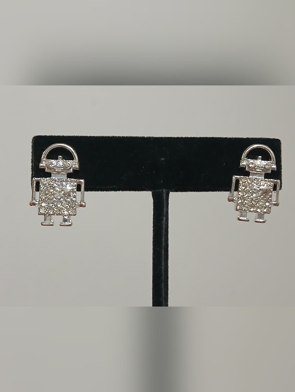 Silvertone Robot Stud Earrings With Rhinestones